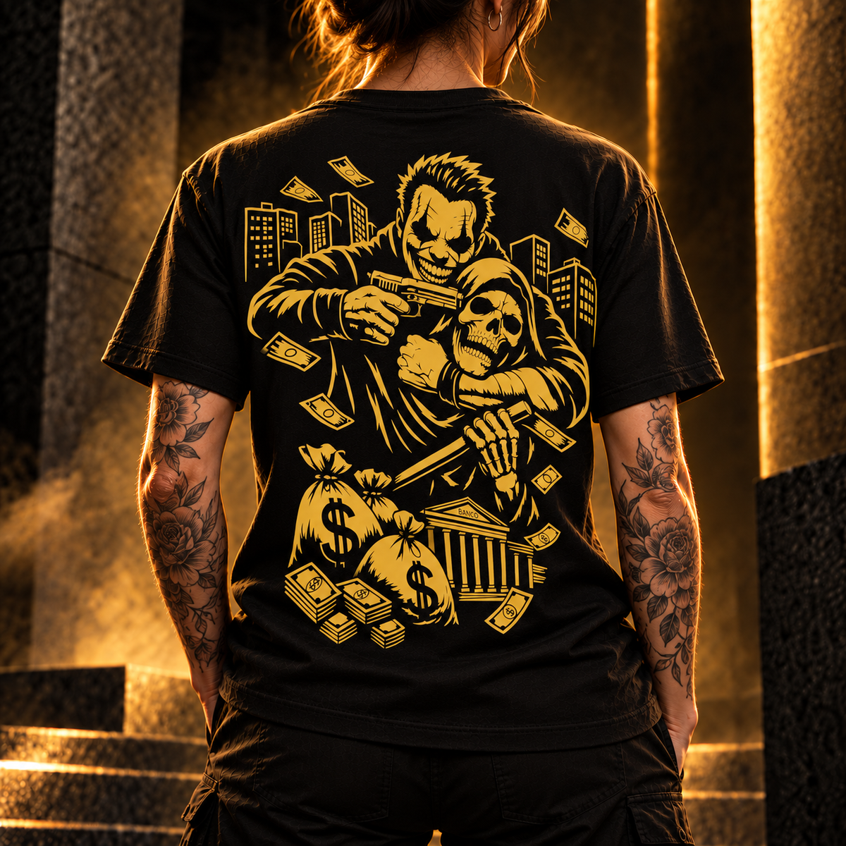 Schwarzes N95 T-Shirt in Rückenansicht mit goldenem Clown-, Pistolen-, Skelett- und Geldmotiv.