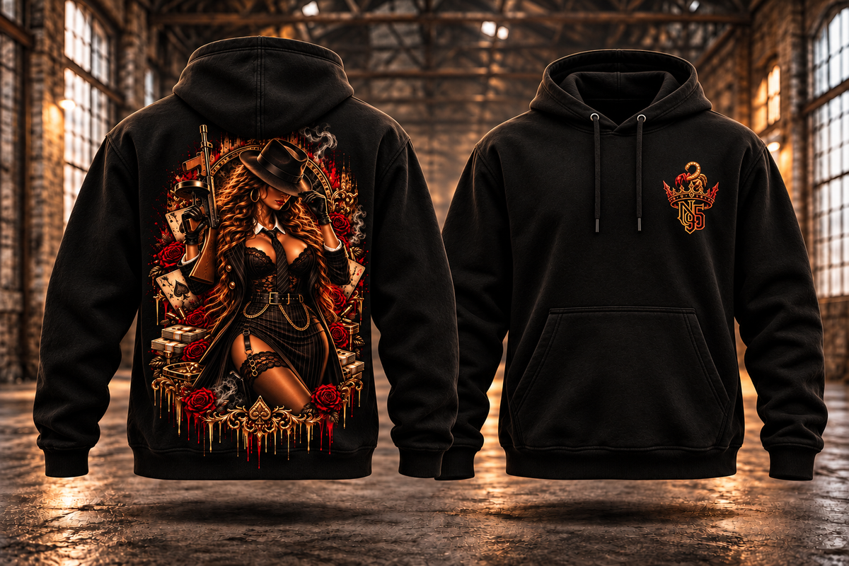 MAFIA QUEEN – N95 Hoodie · Vorverkauf – Rückseite und Vorderseite