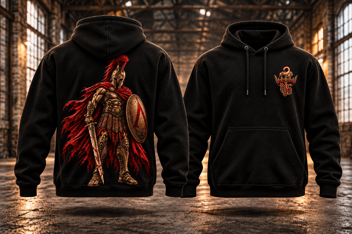 SPARTA — DER KRIEGER · Hoodie — Rückenmotiv und passendes Brustlogo auf schwebenden schwarzen Hoodies