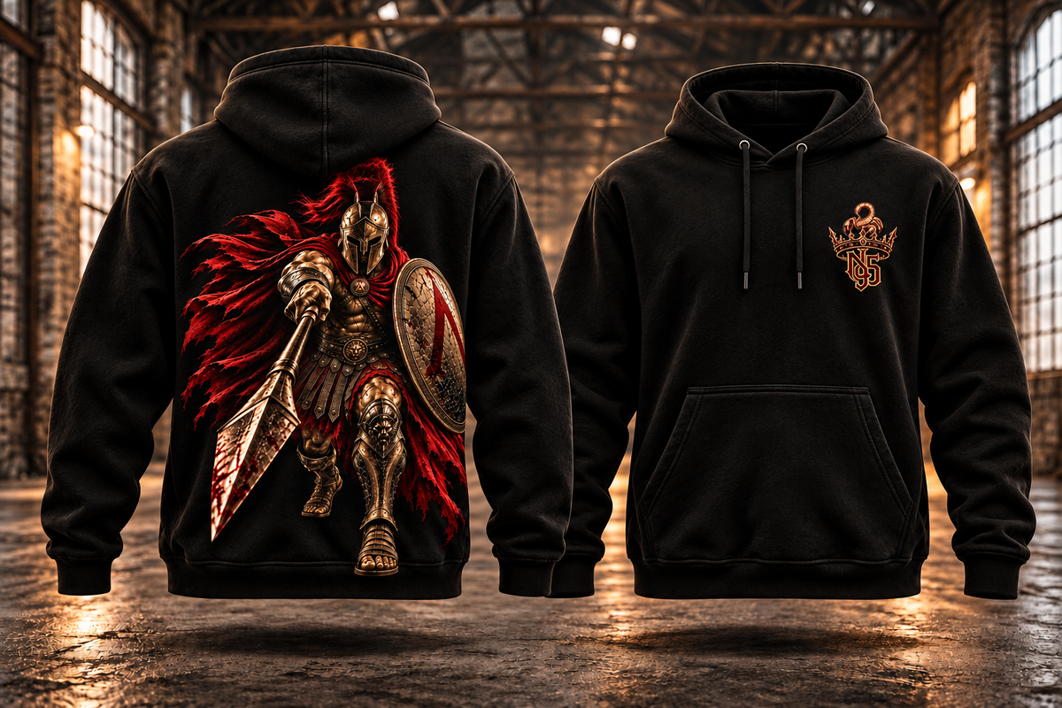 SPARTA — DER ANGRIFF · Hoodie — Rückenmotiv und passendes Brustlogo auf schwebenden schwarzen Hoodies