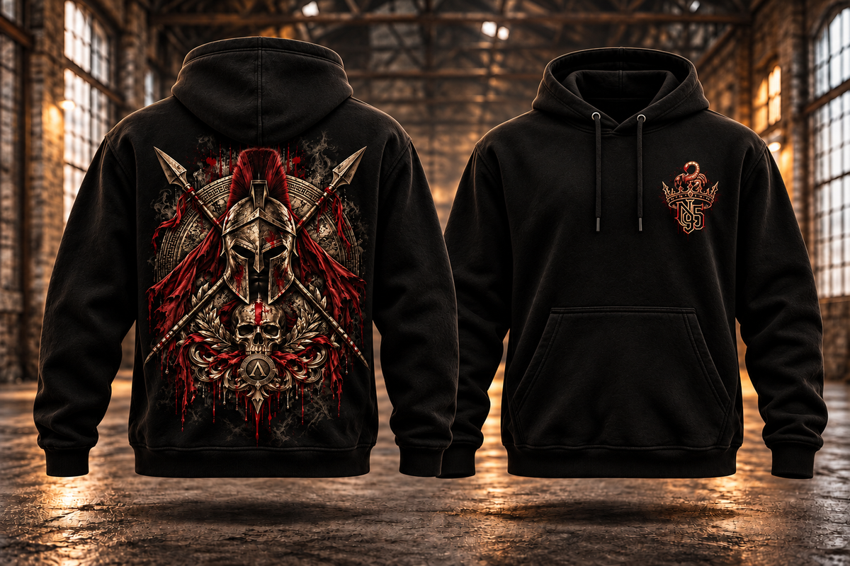 SPARTA — DAS VERMÄCHTNIS · Hoodie — Rückenmotiv und passendes Brustlogo auf schwebenden schwarzen Hoodies