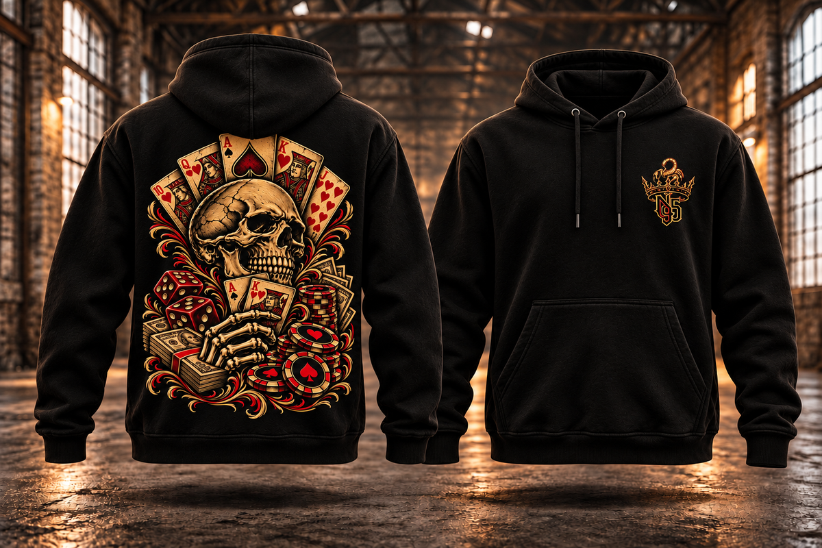 GLÜCKSSPIEL — Setz auf dich. · Gold-Rot · Hoodie — Rückenmotiv und passendes Brustlogo auf schwebenden schwarzen Hoodies