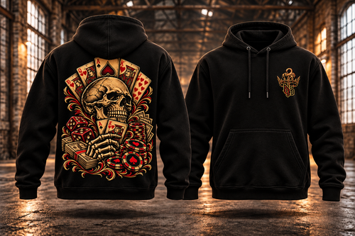 GLÜCKSSPIEL – N95 Hoodie · Vorverkauf · Gold-Rot – Rückseite und Vorderseite