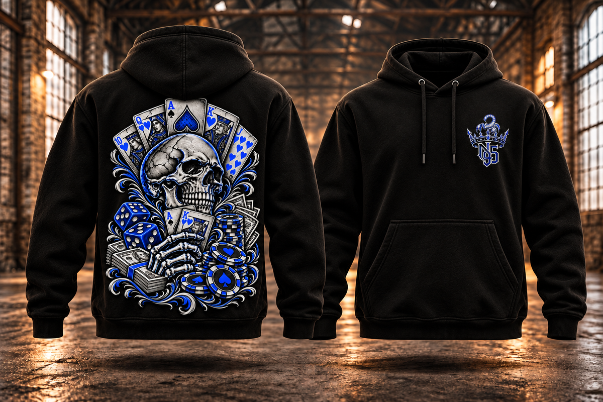 GLÜCKSSPIEL — Setz auf dich. · Silber-Royalblau · Hoodie — Rückenmotiv und passendes Brustlogo auf schwebenden schwarzen Hoodies