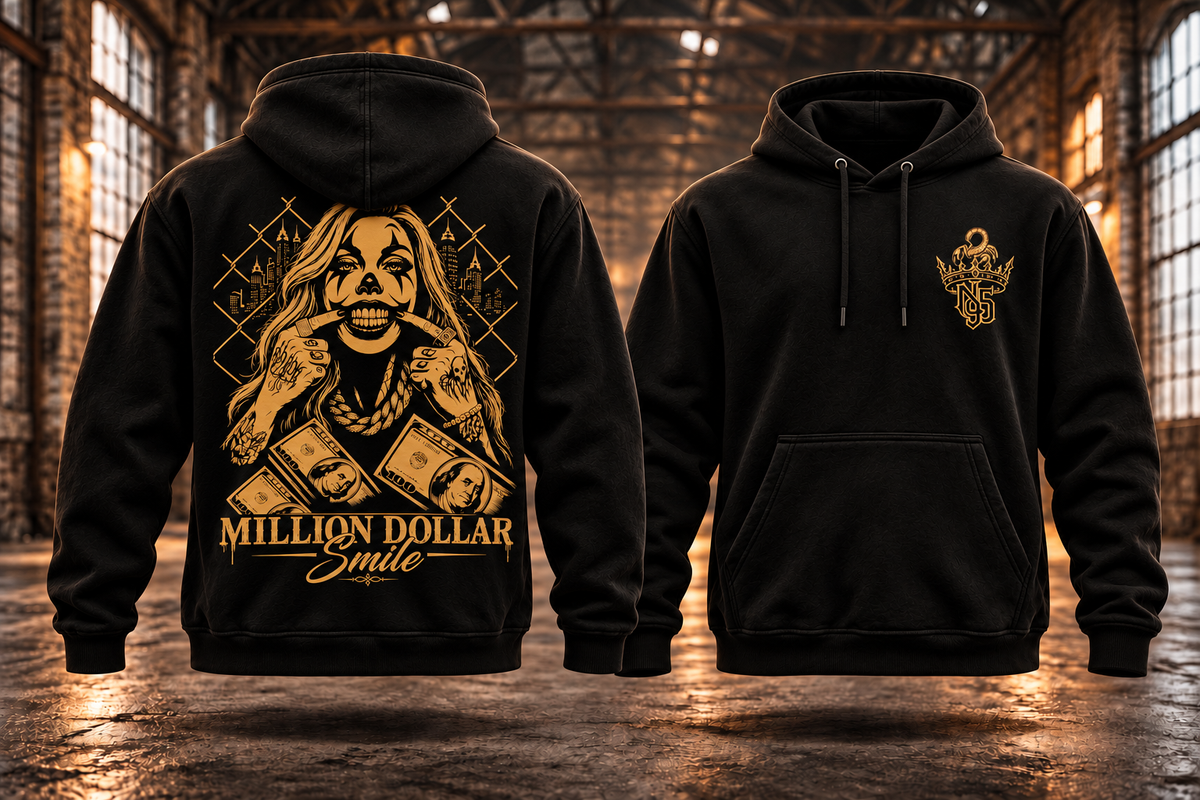 MILLION DOLLAR SMILE · Bronzegold · Hoodie — Rückenmotiv und passendes Brustlogo auf schwebenden schwarzen Hoodies