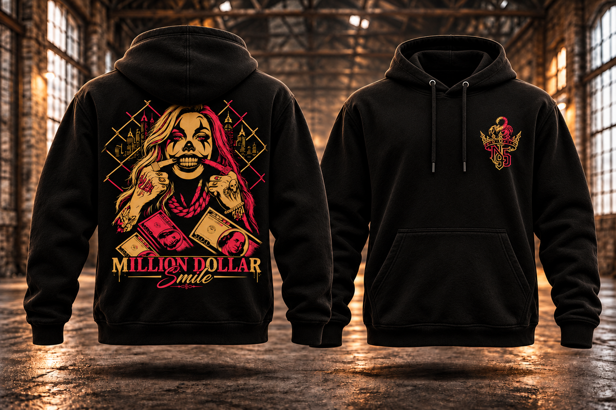 MILLION DOLLAR SMILE · Gold-Rot · Hoodie — Rückenmotiv und passendes Brustlogo auf schwebenden schwarzen Hoodies
