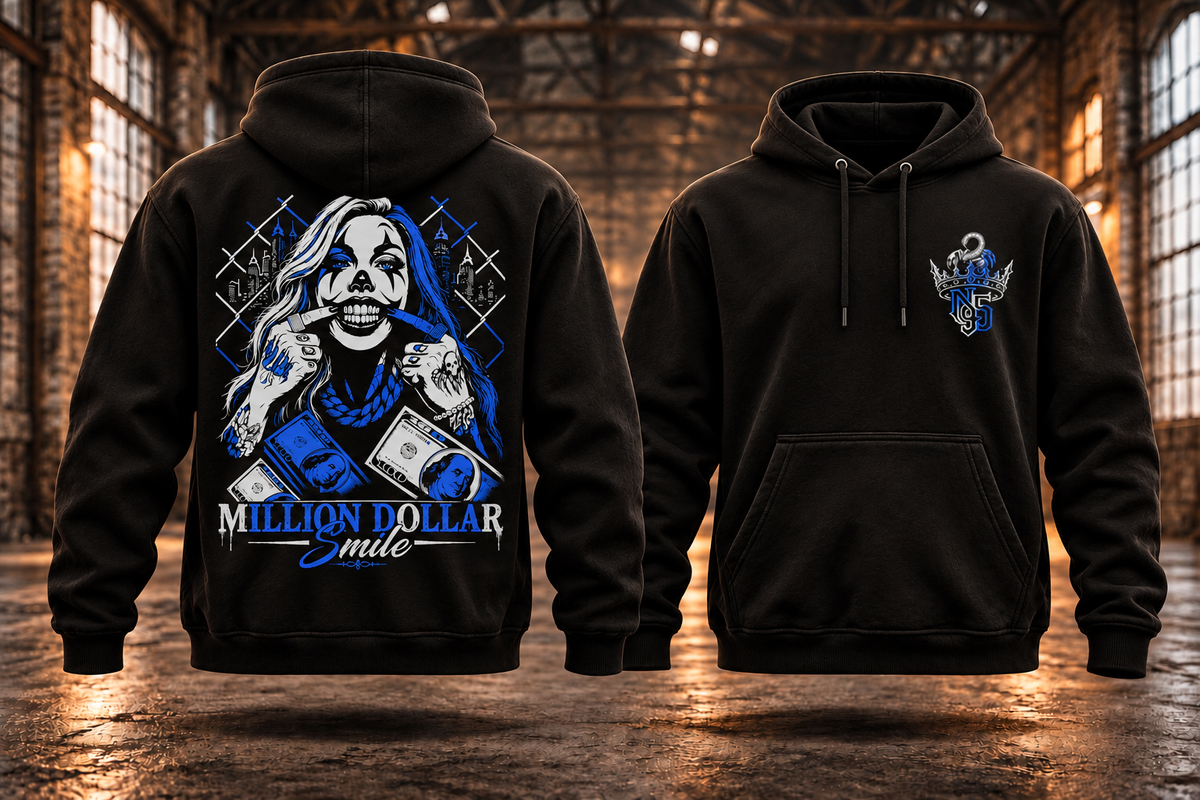 MILLION DOLLAR SMILE – N95 Hoodie · Vorverkauf · Silber-Royalblau – Rückseite und Vorderseite