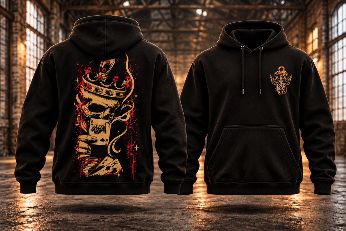 JOKER · Gold-Rot · Hoodie — Rückenmotiv und passendes Brustlogo auf schwebenden schwarzen Hoodies