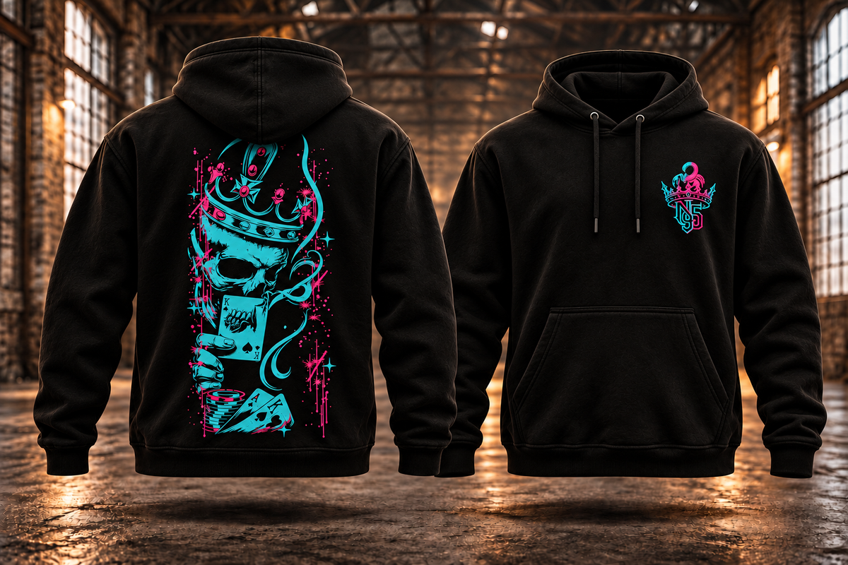 JOKER – N95 Hoodie · Vorverkauf · Türkis-Pink – Rückseite und Vorderseite