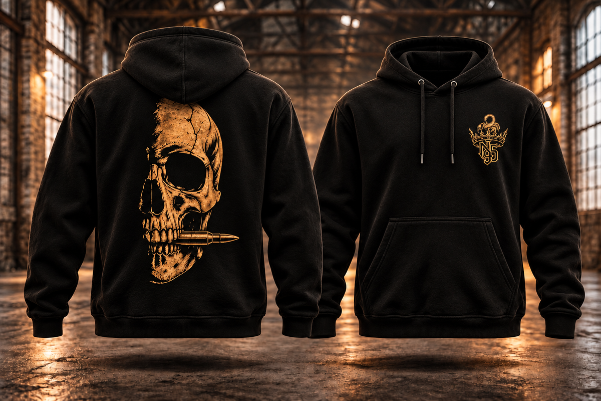 SKULL – N95 Hoodie · Vorverkauf · Bronzegold – Rückseite und Vorderseite