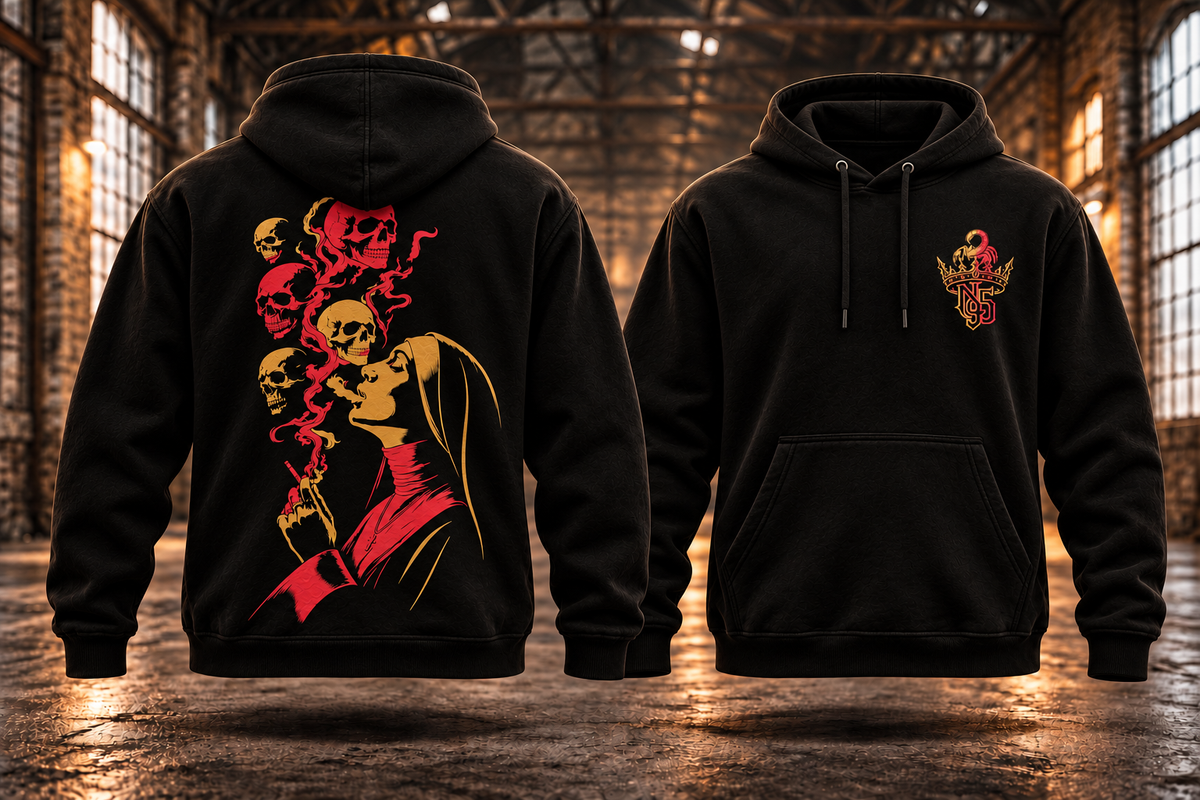 NUN SMOKING · Gold-Rot · Hoodie — Rückenmotiv und passendes Brustlogo auf schwebenden schwarzen Hoodies