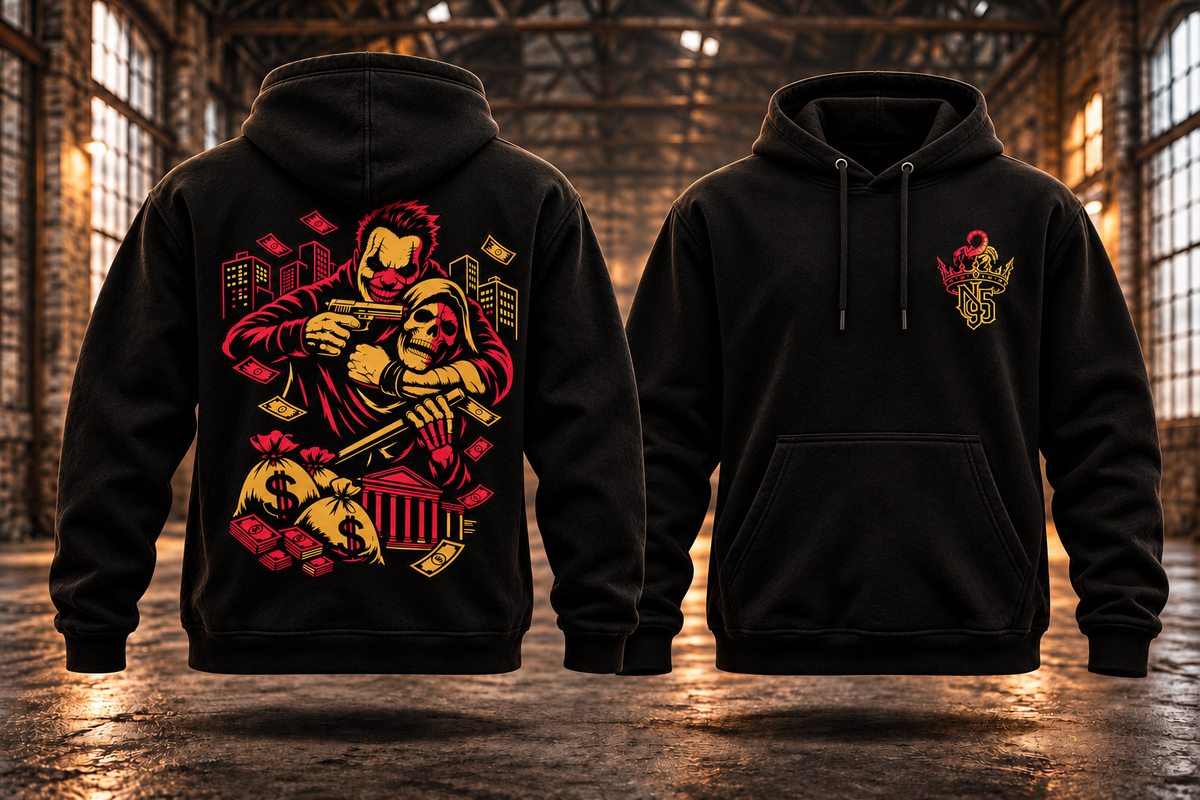 GOOD NIGHT – N95 Hoodie · Vorverkauf · Gold-Rot – Rückseite und Vorderseite