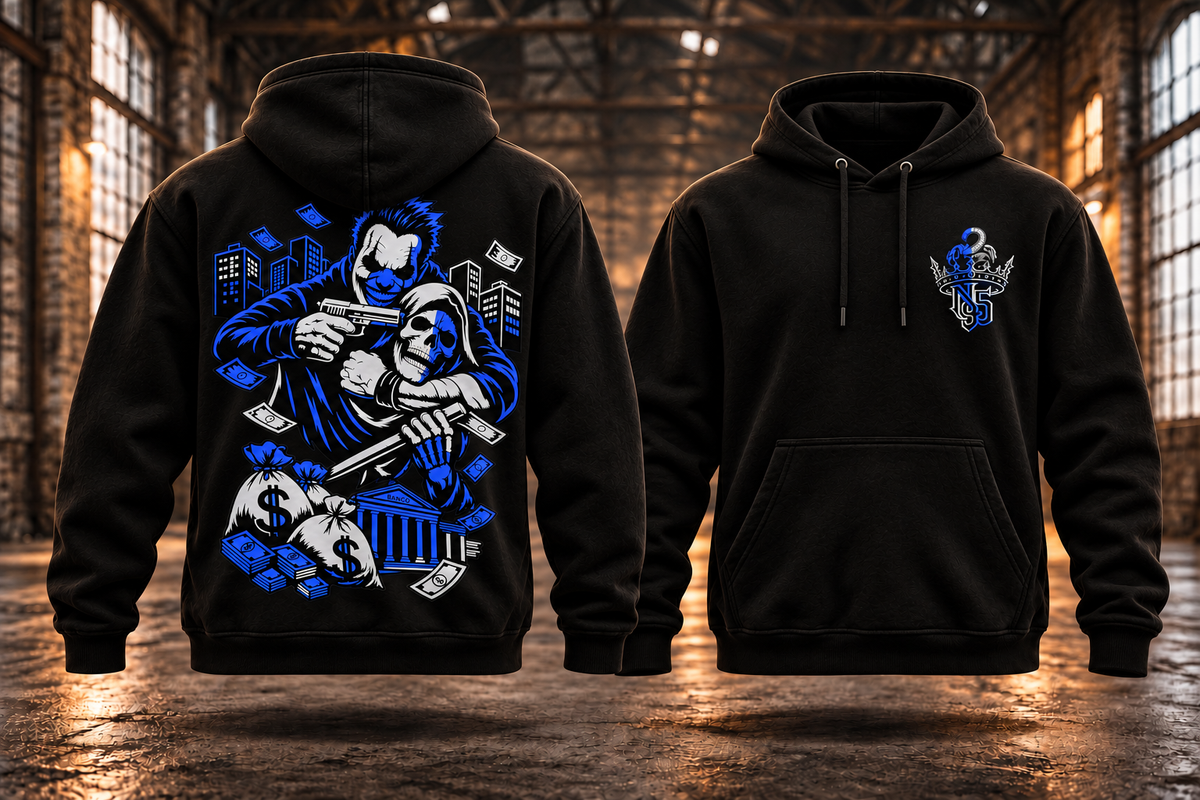 GOOD NIGHT · Silber-Royalblau · Hoodie — Rückenmotiv und passendes Brustlogo auf schwebenden schwarzen Hoodies