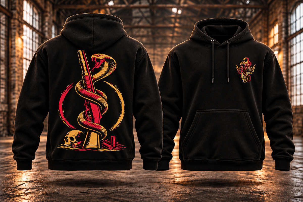 COBRA &amp; SHOTGUN · Gold-Rot · Hoodie — Rückenmotiv und passendes Brustlogo auf schwebenden schwarzen Hoodies