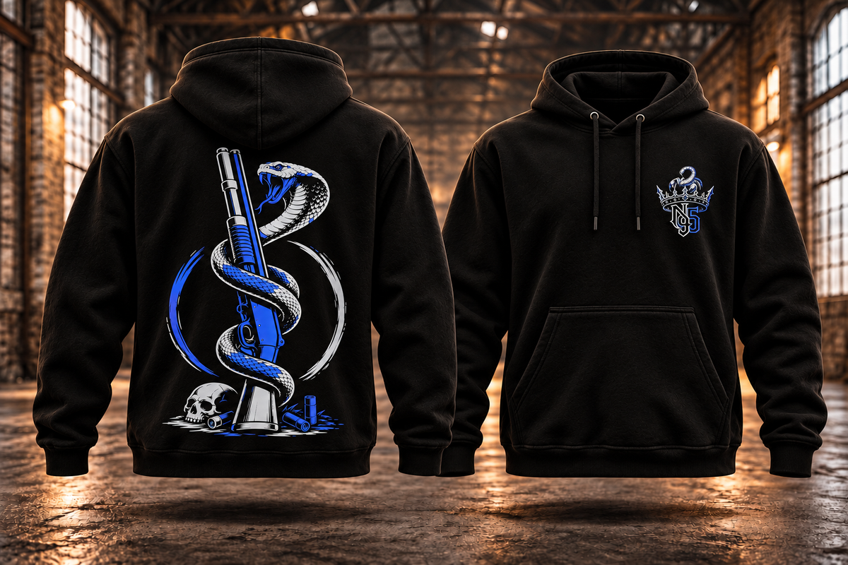 COBRA & SHOTGUN – N95 Hoodie · Vorverkauf · Silber-Royalblau – Rückseite und Vorderseite