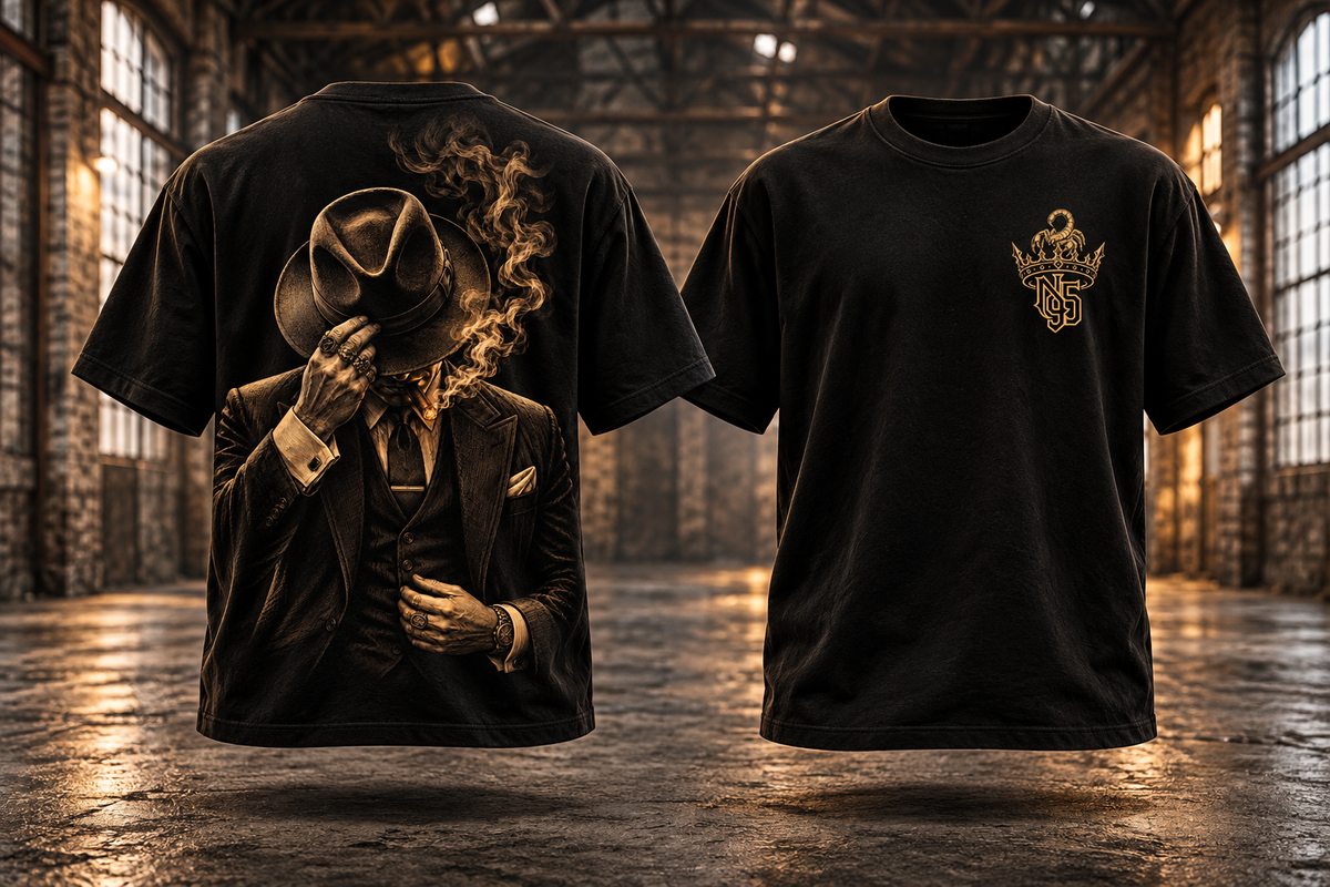 THE DON — Rückenmotiv und passendes Brustlogo auf schwebenden schwarzen T-Shirts