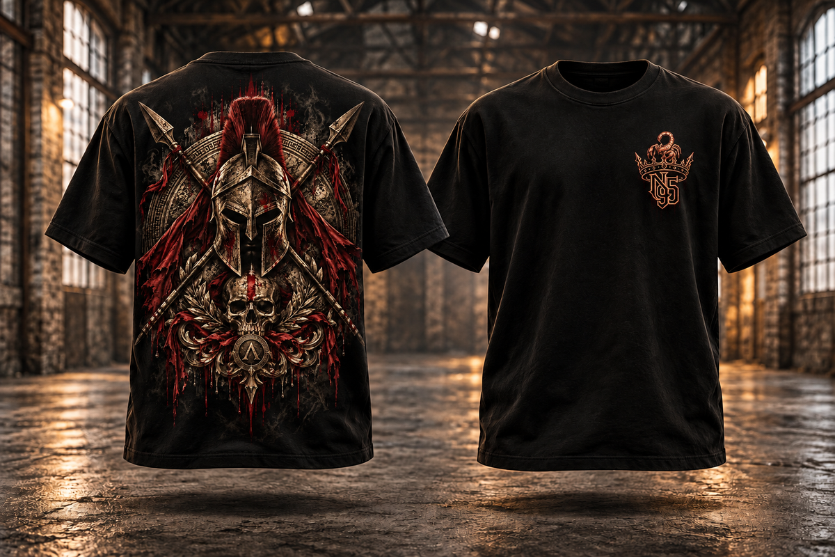 SPARTA — DAS VERMÄCHTNIS — Rückenmotiv und passendes Brustlogo auf schwebenden schwarzen T-Shirts
