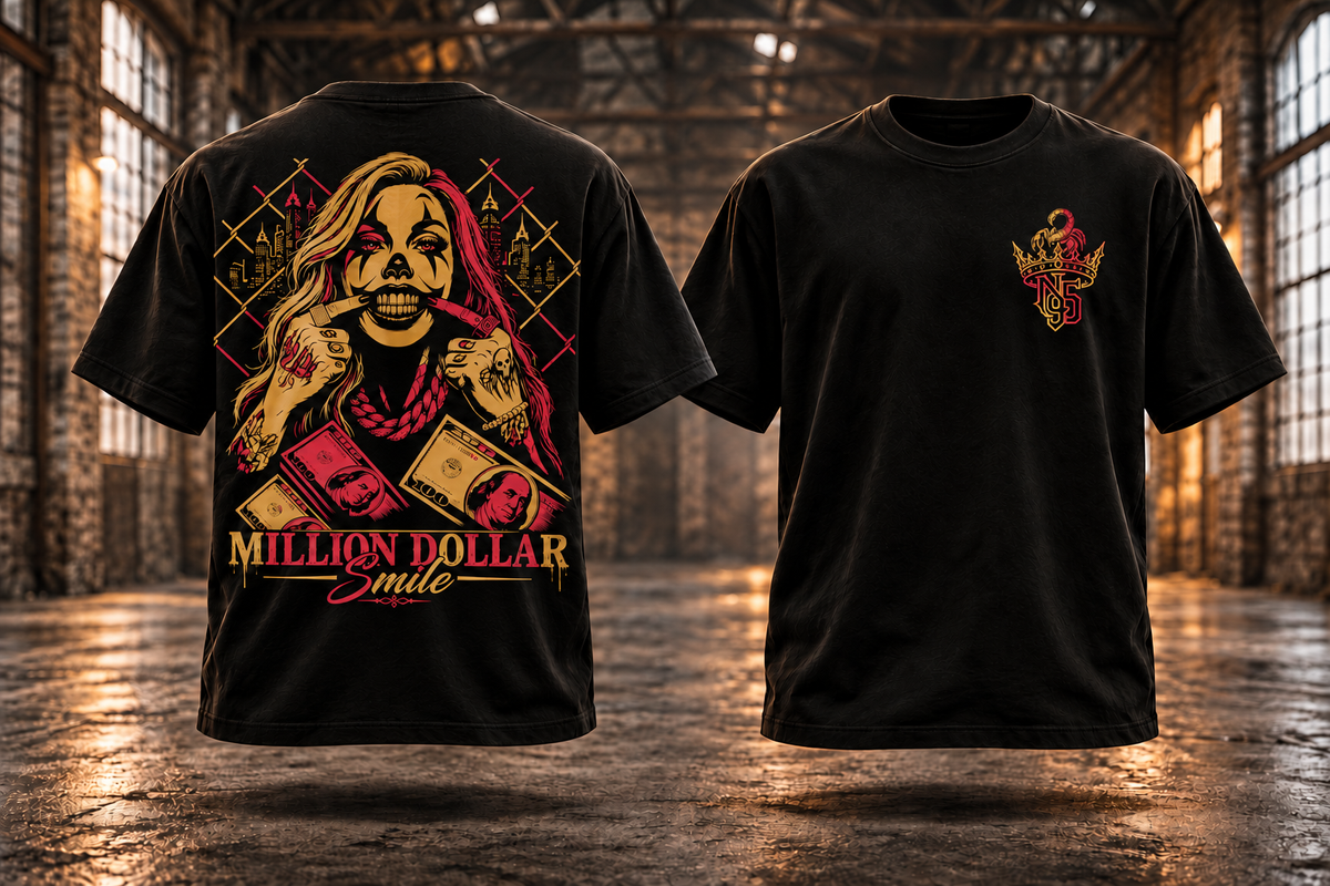 MILLION DOLLAR SMILE · Gold-Rot — Rückenmotiv und passendes Brustlogo auf schwebenden schwarzen T-Shirts