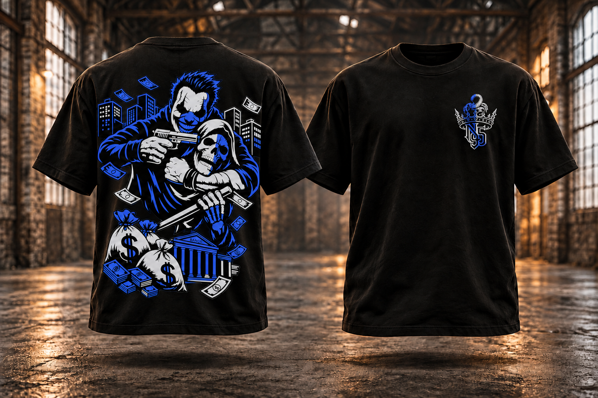 GOOD NIGHT · Silber-Royalblau — Rückenmotiv und passendes Brustlogo auf schwebenden schwarzen T-Shirts