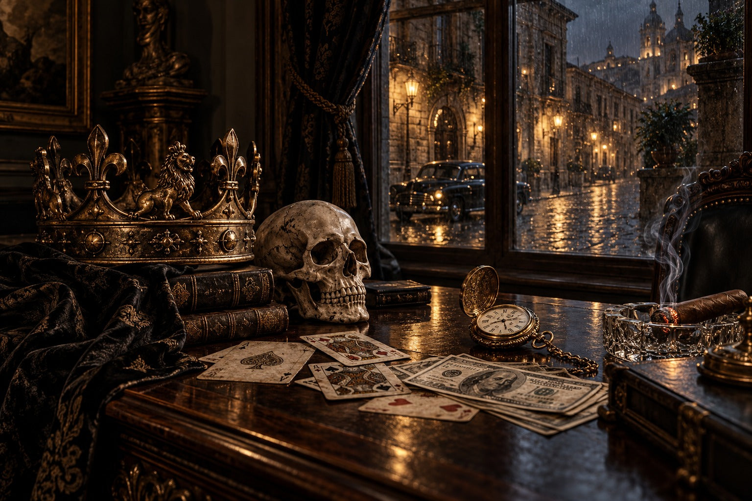 Krone, Totenkopf, Spielkarten und Taschenuhr in einer goldbeleuchteten Mafia-Szene